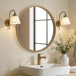 Round wood-framed wall mirror