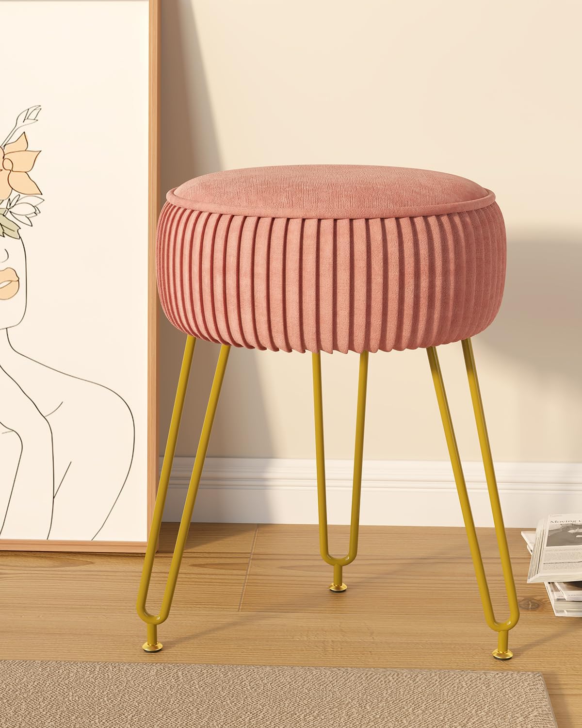 Pink velvet round ottoman - Image 2