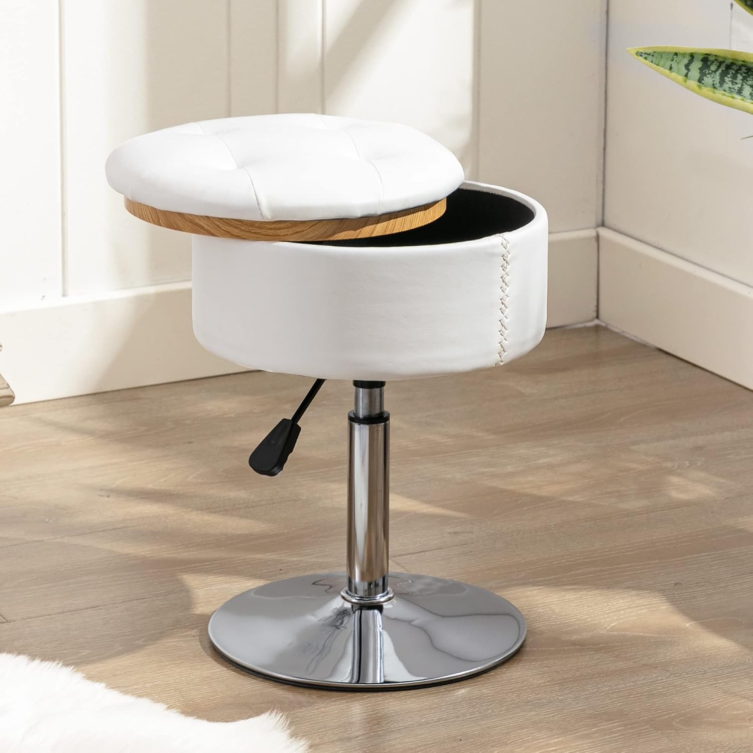 White faux leather swivel vanity stool