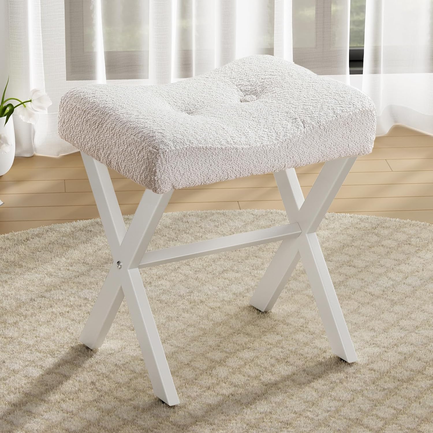 White bouclé vanity stool