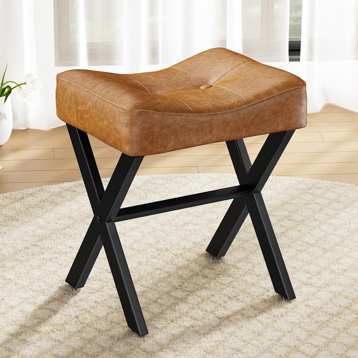 Brown leather vanity stool