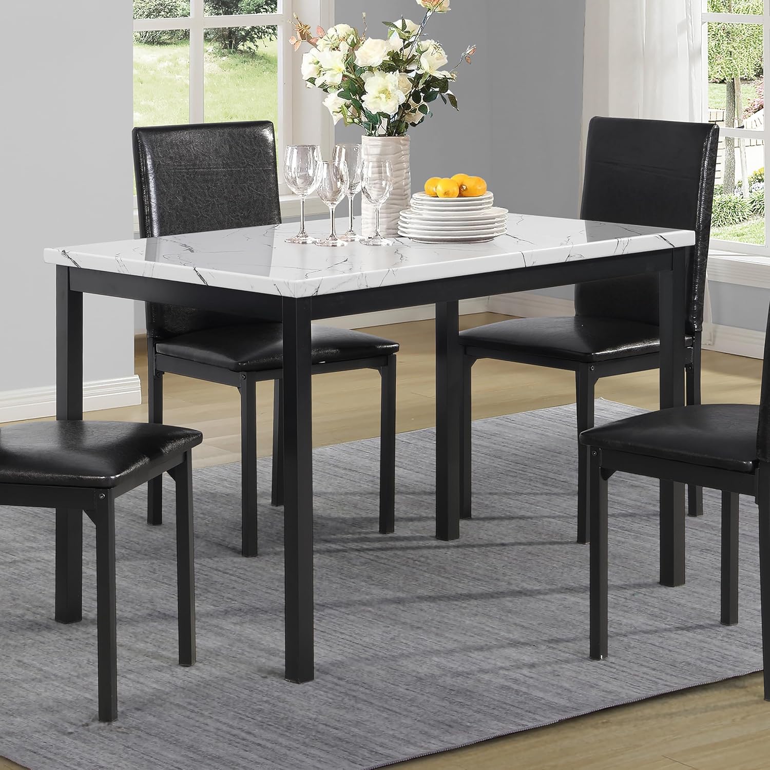 Off-white faux marble and metal dining table - Image 2